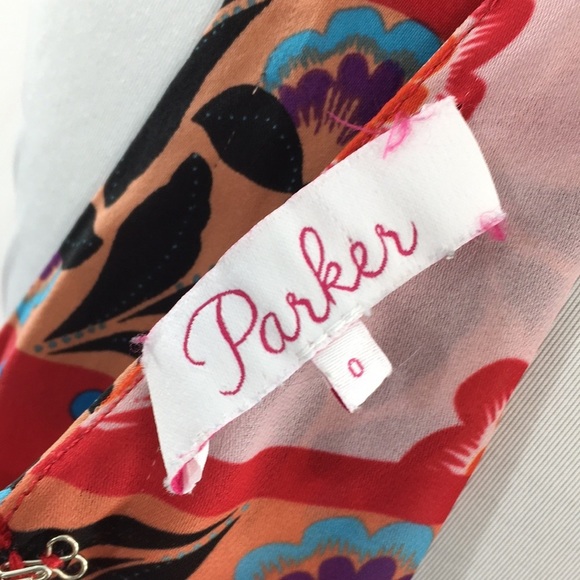 Parker Red Pink Floral Aurora Fit & Flare Silk Dress Womens 0 Boho Patchwork - Picture 7 of 11